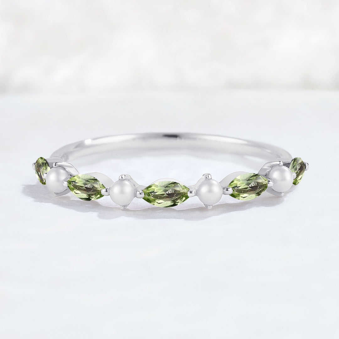 Simple Marquise Cut August Birthstone Peridot with Pearl Stacking Ring
