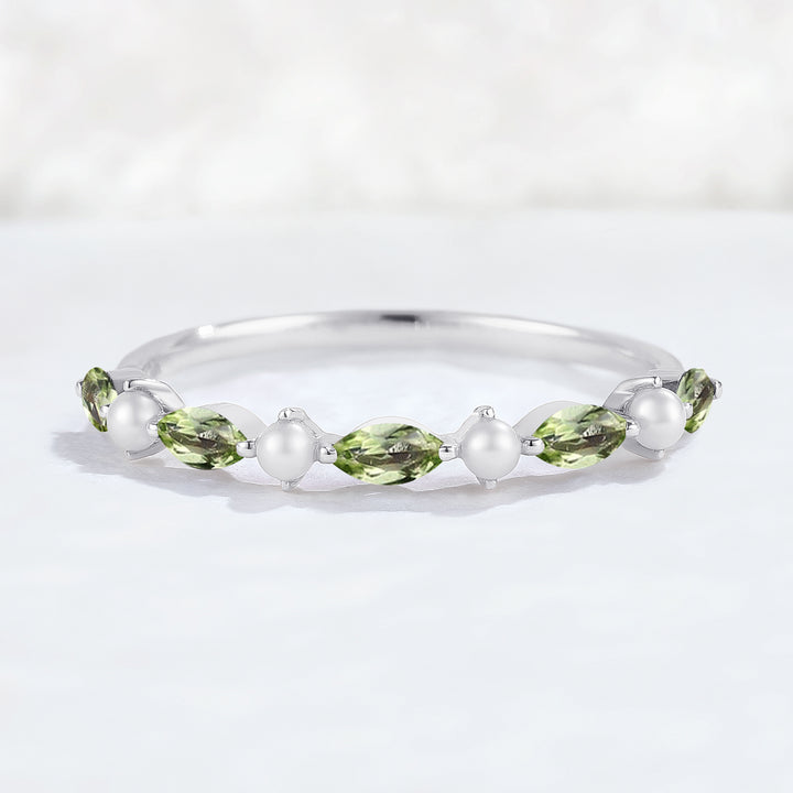Simple Marquise Cut August Birthstone Peridot with Pearl Stacking Ring