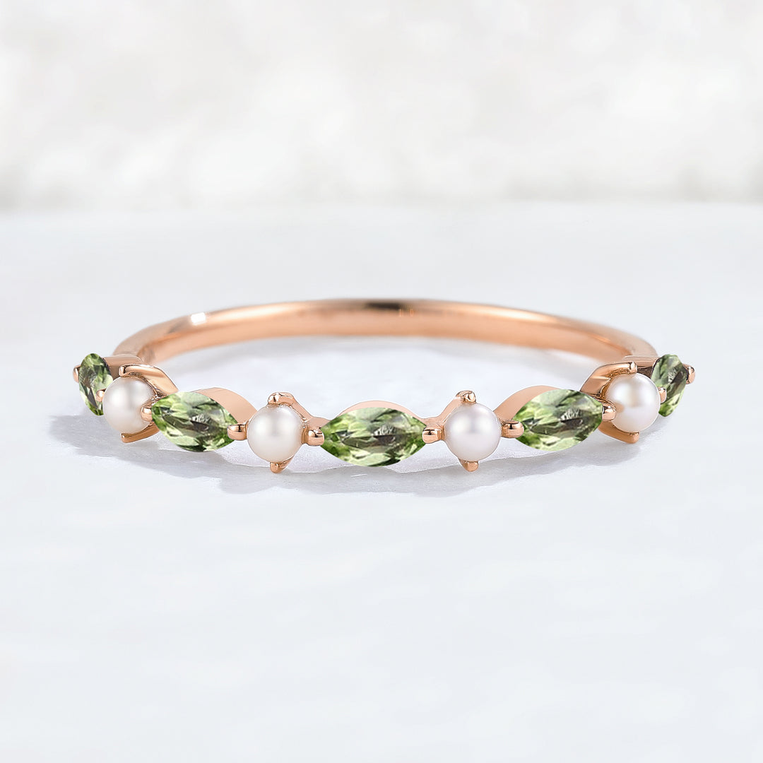 Simple Marquise Cut August Birthstone Peridot with Pearl Stacking Ring