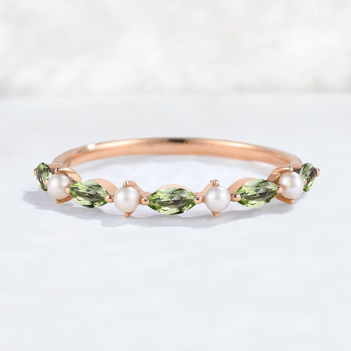 Simple Marquise Cut August Birthstone Peridot with Pearl Stacking Ring