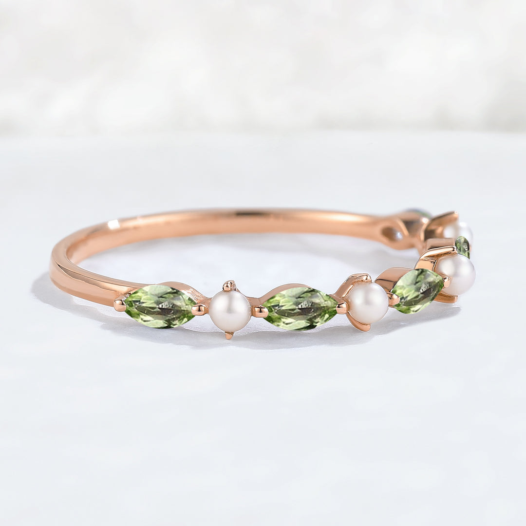 Simple Marquise Cut August Birthstone Peridot with Pearl Stacking Ring