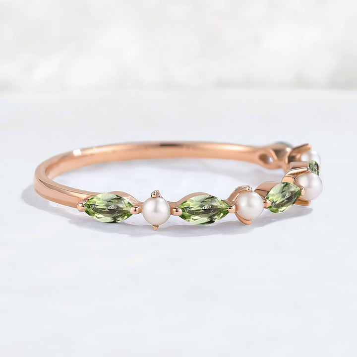 Simple Marquise Cut August Birthstone Peridot with Pearl Stacking Ring