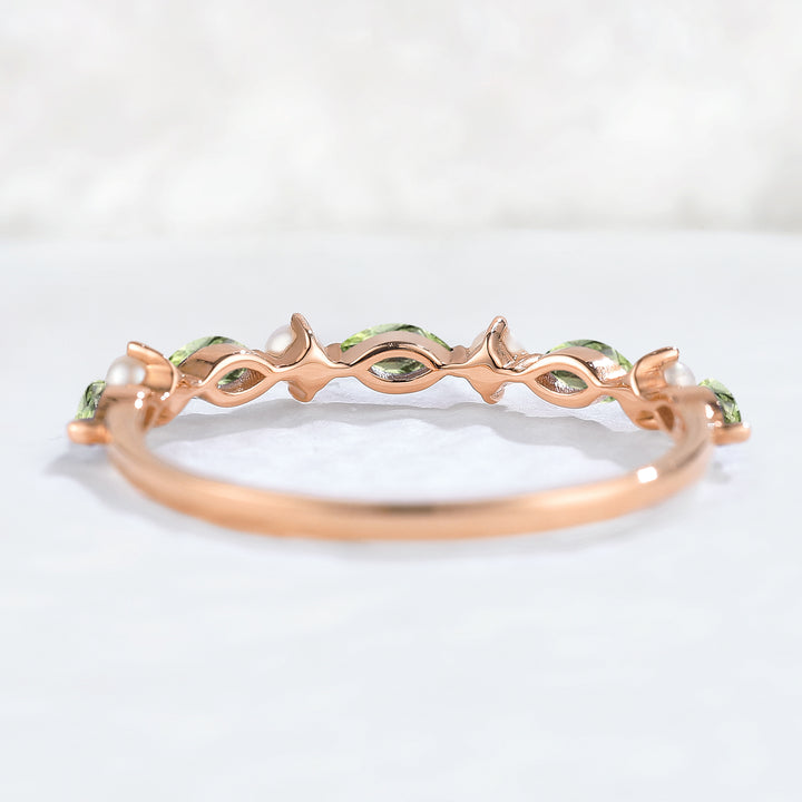 Simple Marquise Cut August Birthstone Peridot with Pearl Stacking Ring