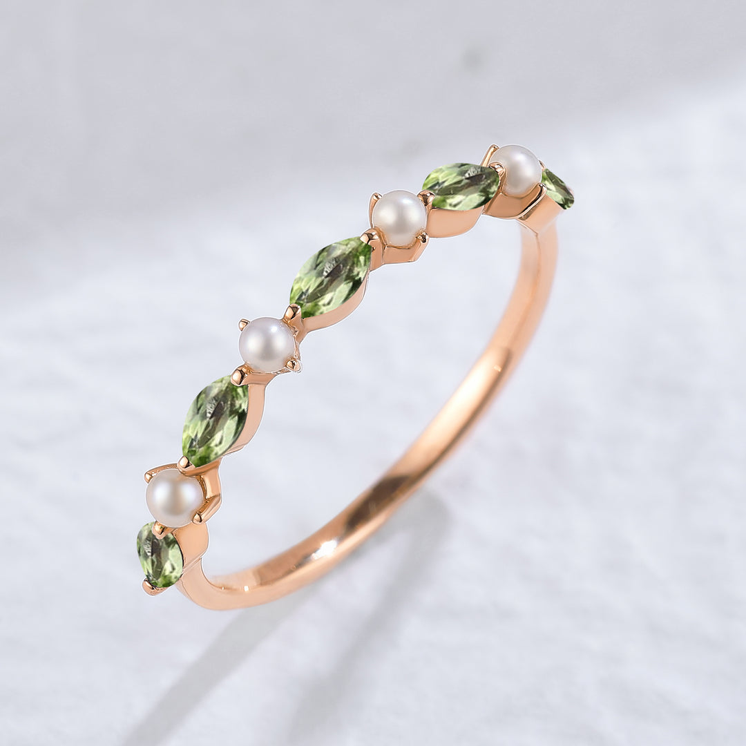 Simple Marquise Cut August Birthstone Peridot with Pearl Stacking Ring