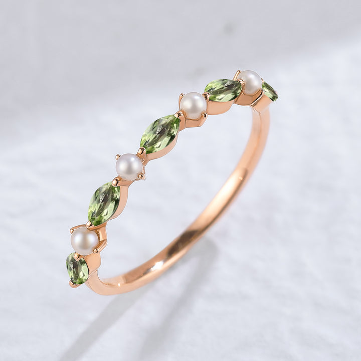 Simple Marquise Cut August Birthstone Peridot with Pearl Stacking Ring
