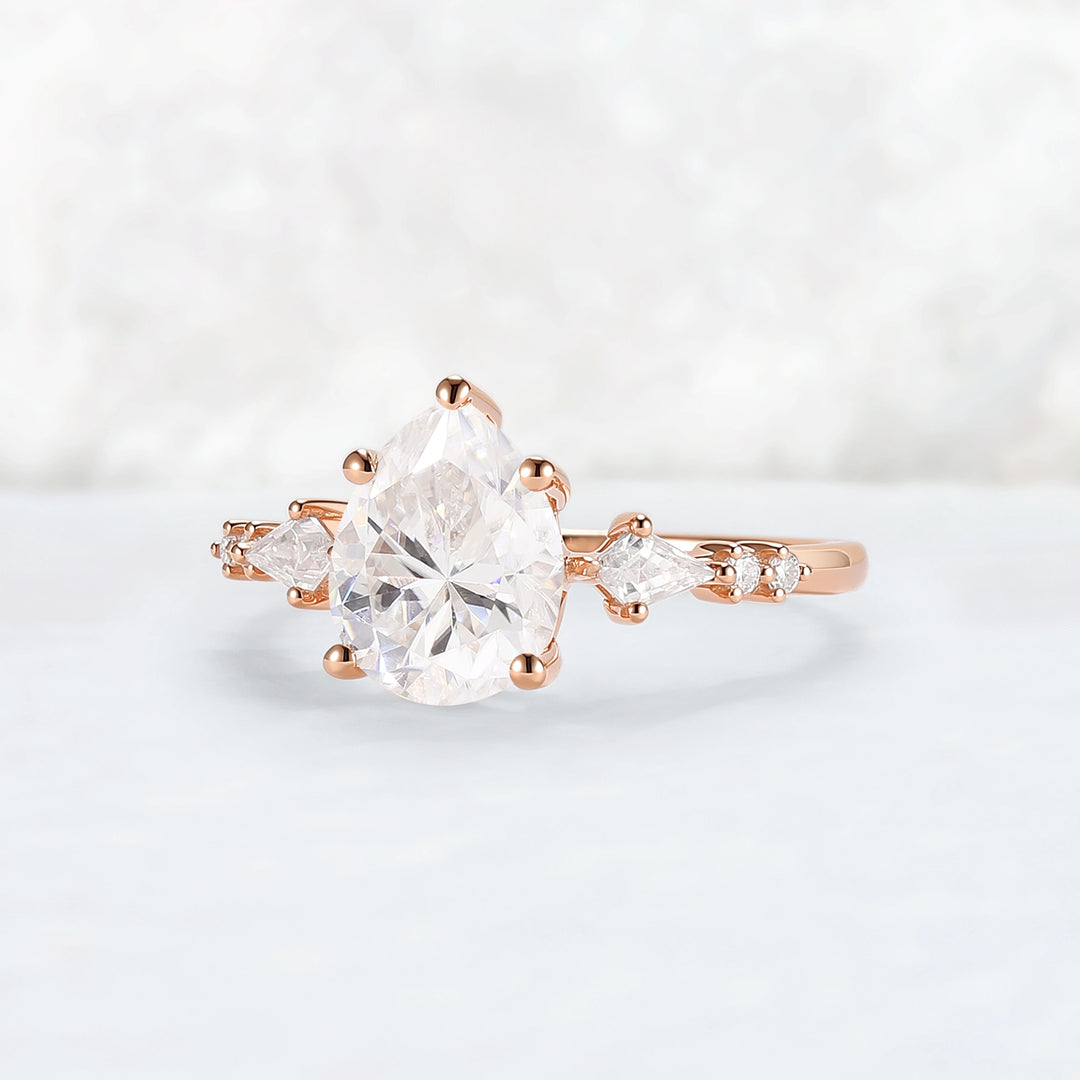Simple Pear Shaped Moissanite Cluster Engagement Ring