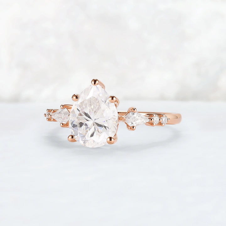 Simple Pear Shaped Moissanite Cluster Engagement Ring