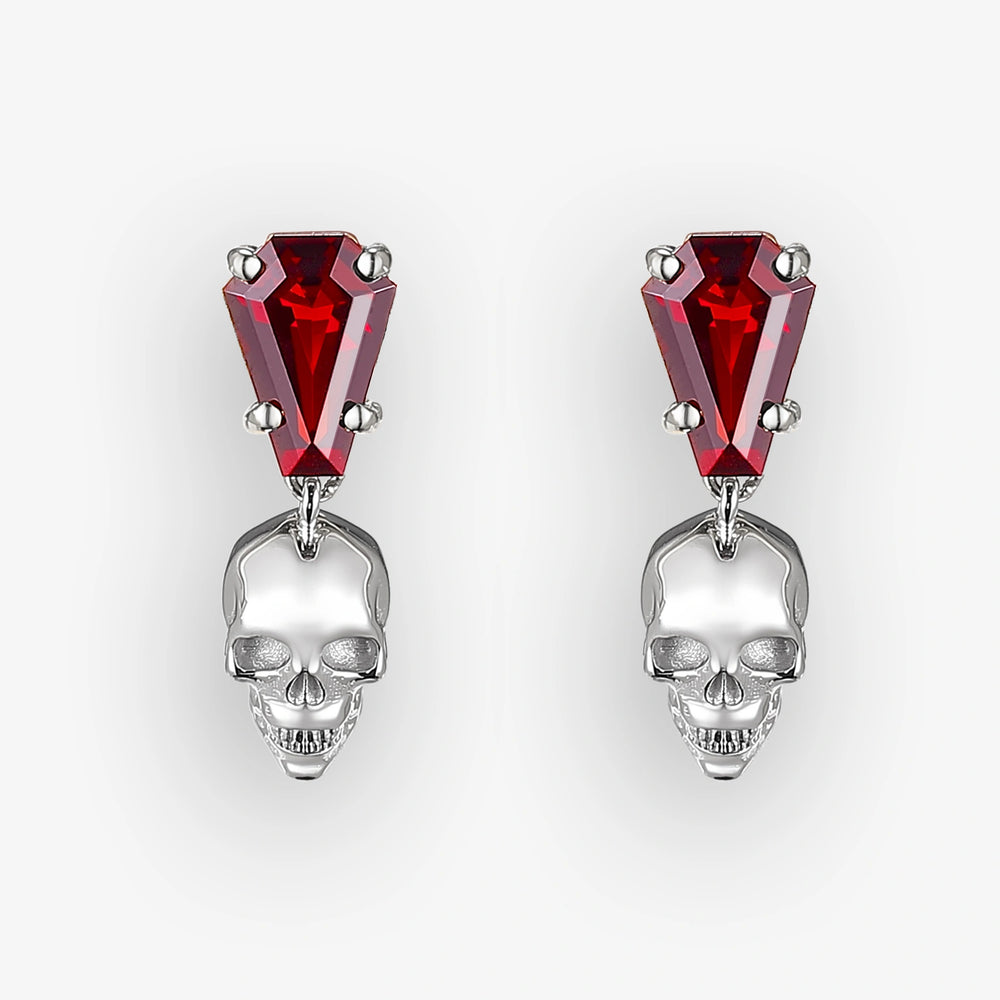 Skull Conffin Shaped Garnet White Gold Earrings Halloween Jewelry