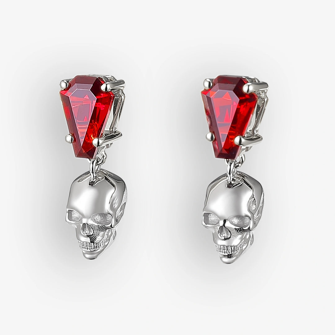 Skull Conffin Shaped Garnet White Gold Earrings Halloween Jewelry