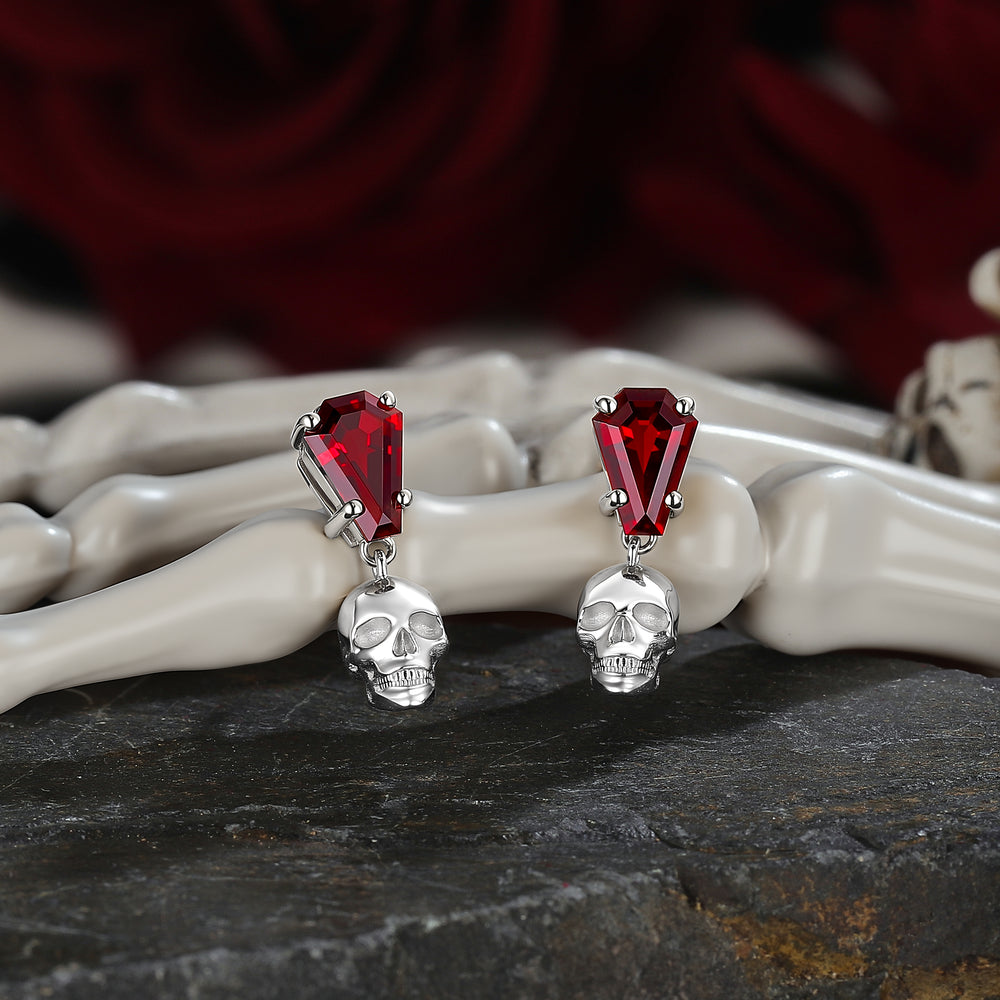 Skull Conffin Shaped Garnet White Gold Earrings Halloween Jewelry