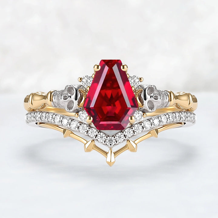 Skull Conffin Shaped Garnet White & Yellow Gold Ring Set 2pcs Halloween Jewelry