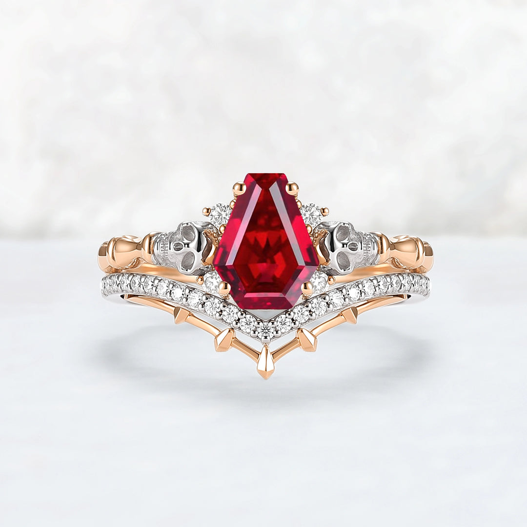 Skull Conffin Shaped Garnet White & Yellow Gold Ring Set 2pcs Halloween Jewelry