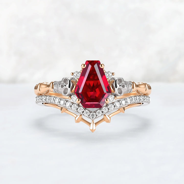 Skull Conffin Shaped Garnet White & Yellow Gold Ring Set 2pcs Halloween Jewelry