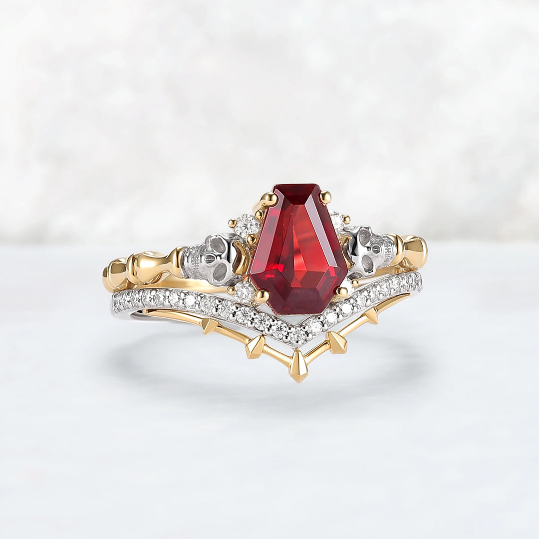 Skull Conffin Shaped Garnet White & Yellow Gold Ring Set 2pcs Halloween Jewelry