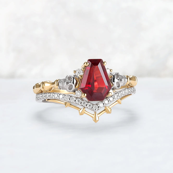 Skull Conffin Shaped Garnet White & Yellow Gold Ring Set 2pcs Halloween Jewelry