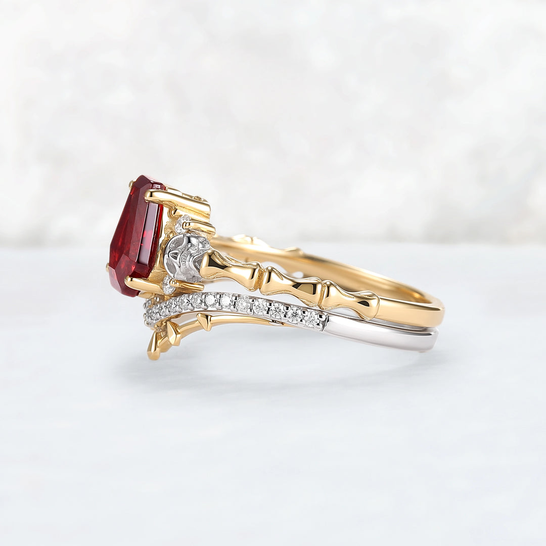 Skull Conffin Shaped Garnet White & Yellow Gold Ring Set 2pcs Halloween Jewelry