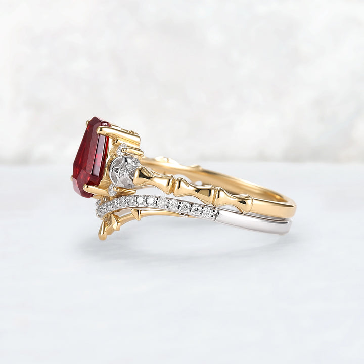 Skull Conffin Shaped Garnet White & Yellow Gold Ring Set 2pcs Halloween Jewelry