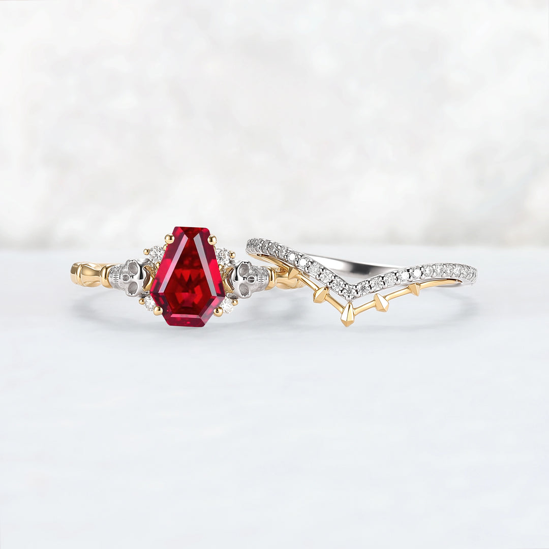 Skull Conffin Shaped Garnet White & Yellow Gold Ring Set 2pcs Halloween Jewelry
