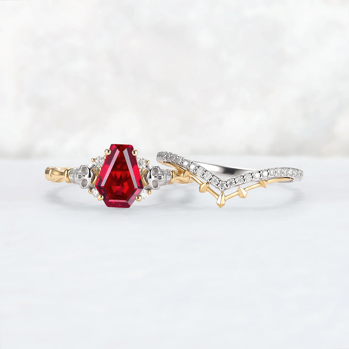 Skull Conffin Shaped Garnet White & Yellow Gold Ring Set 2pcs Halloween Jewelry