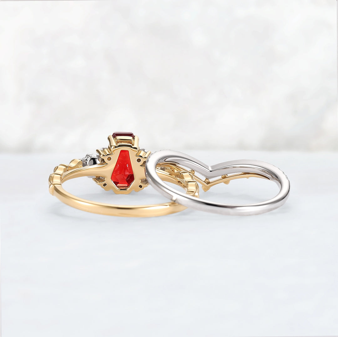 Skull Conffin Shaped Garnet White & Yellow Gold Ring Set 2pcs Halloween Jewelry