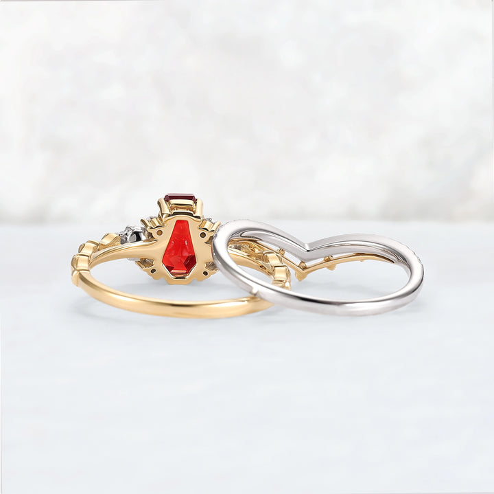 Skull Conffin Shaped Garnet White & Yellow Gold Ring Set 2pcs Halloween Jewelry