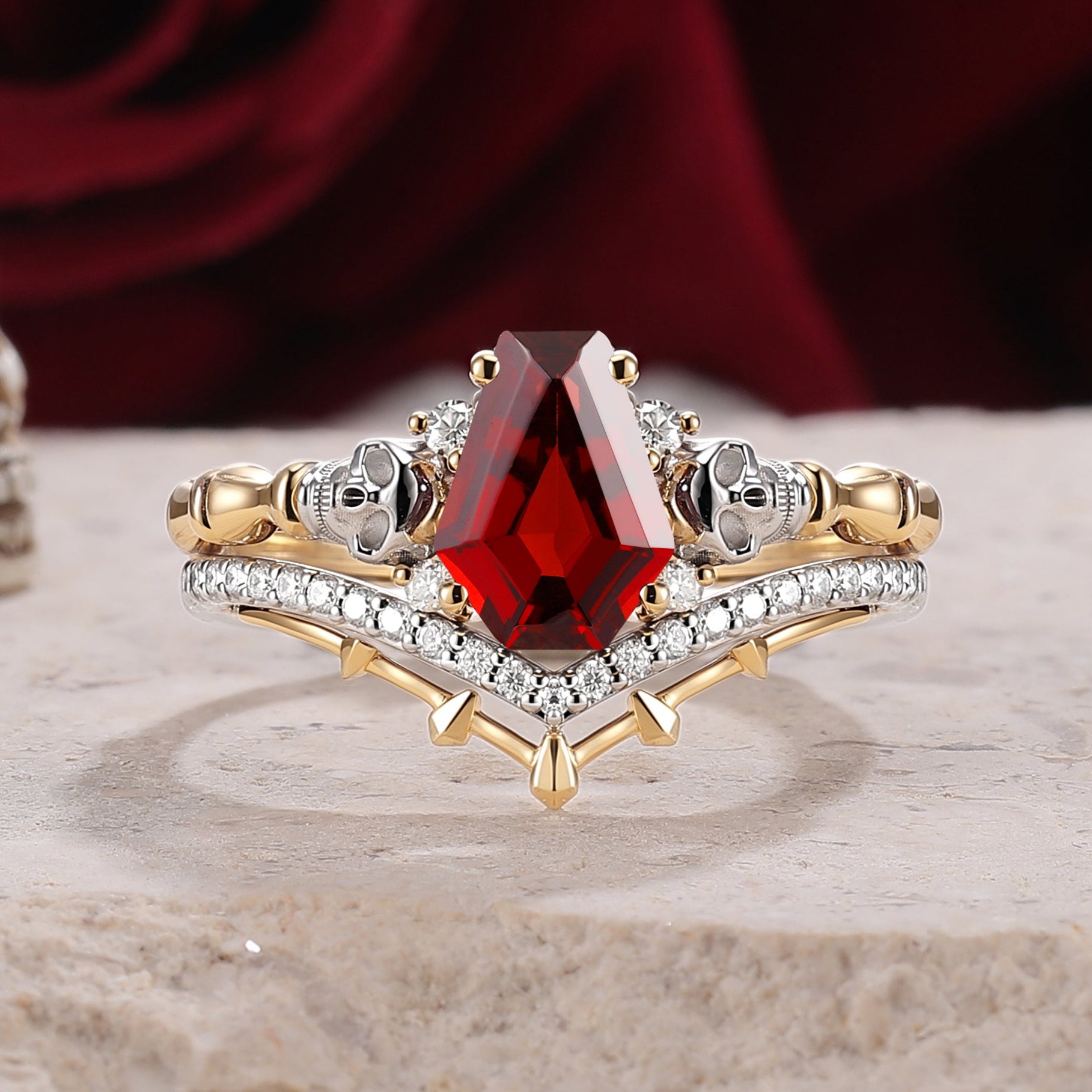 Skull & Skeleton Stud Coffin Cut Garnet Color-Coded Ring Set 2pcs