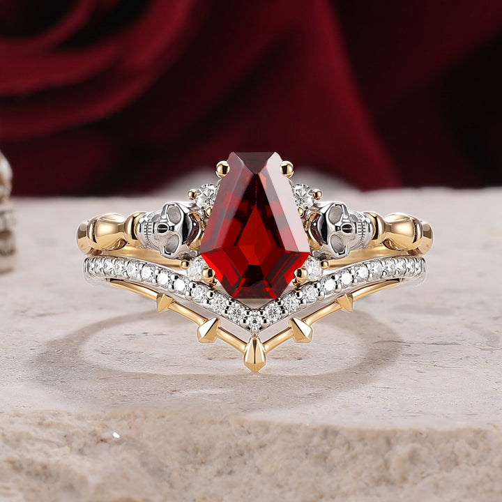 Skull & Skeleton Stud Coffin Cut Garnet Color-Coded Ring Set 2pcs