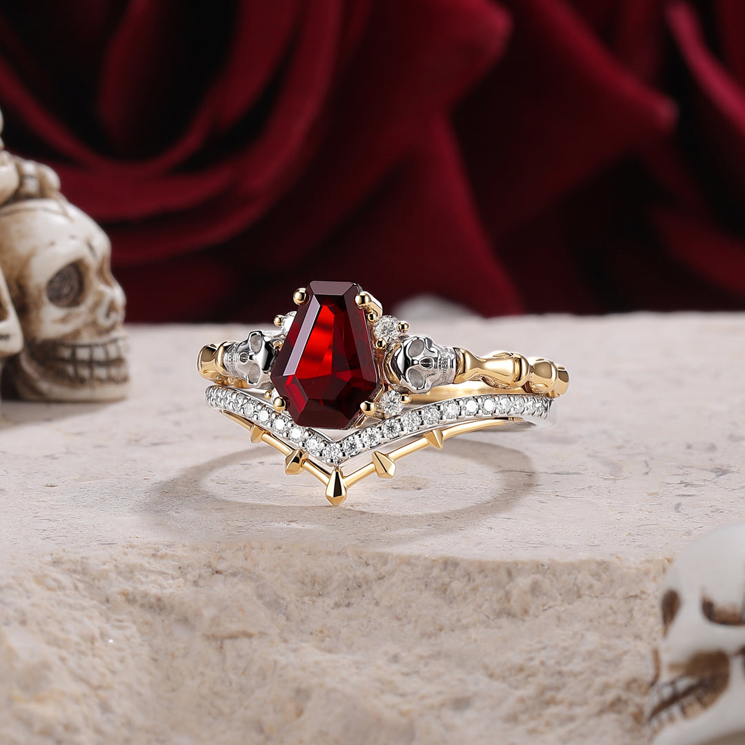 Skull & Skeleton Stud Coffin Cut Garnet Color-Coded Ring Set 2pcs