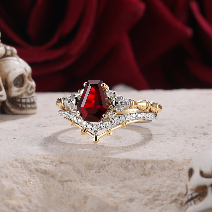 Skull & Skeleton Stud Coffin Cut Garnet Color-Coded Ring Set 2pcs