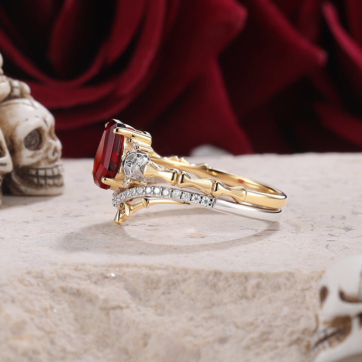Skull & Skeleton Stud Coffin Cut Garnet Color-Coded Ring Set 2pcs