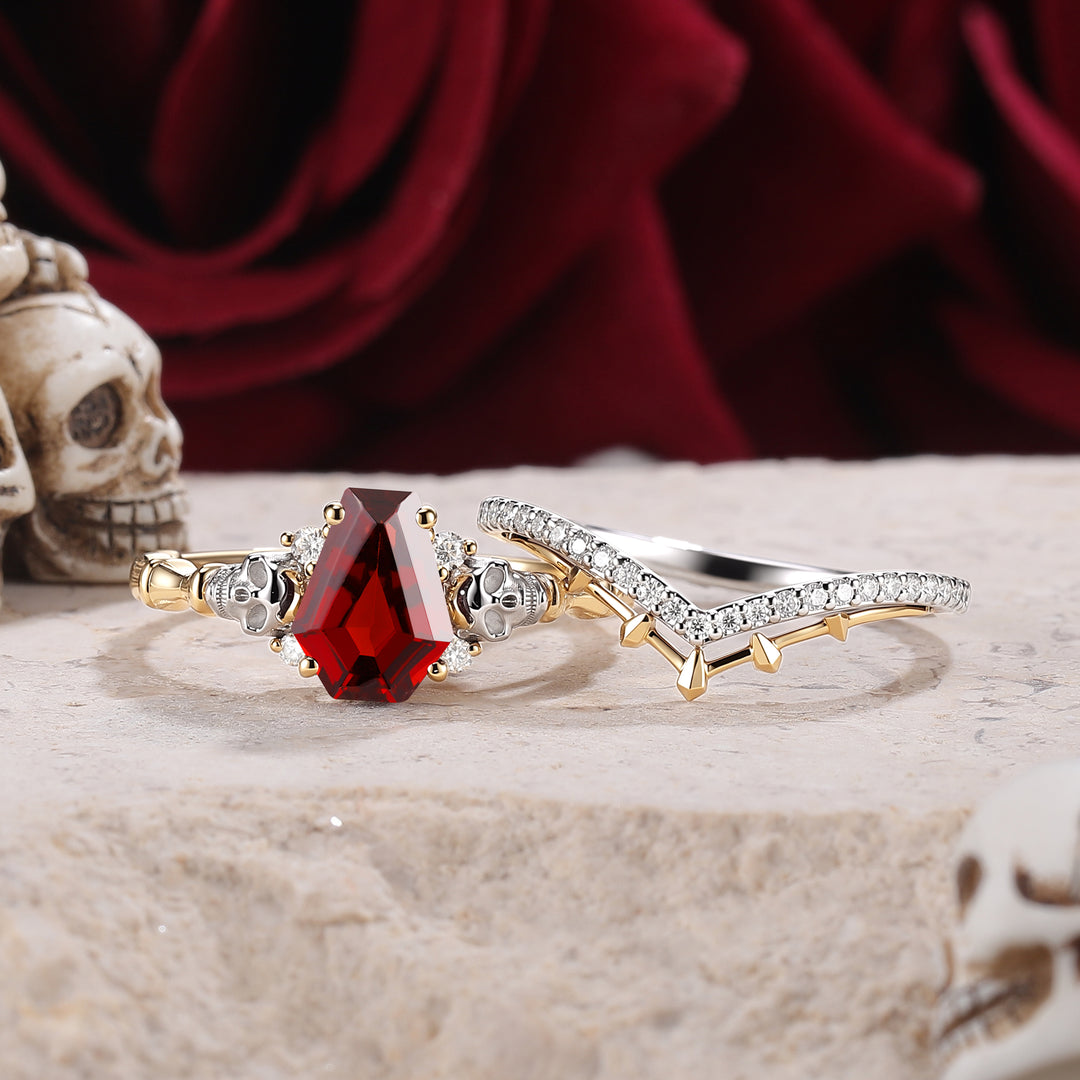 Skull & Skeleton Stud Coffin Cut Garnet Color-Coded Ring Set 2pcs