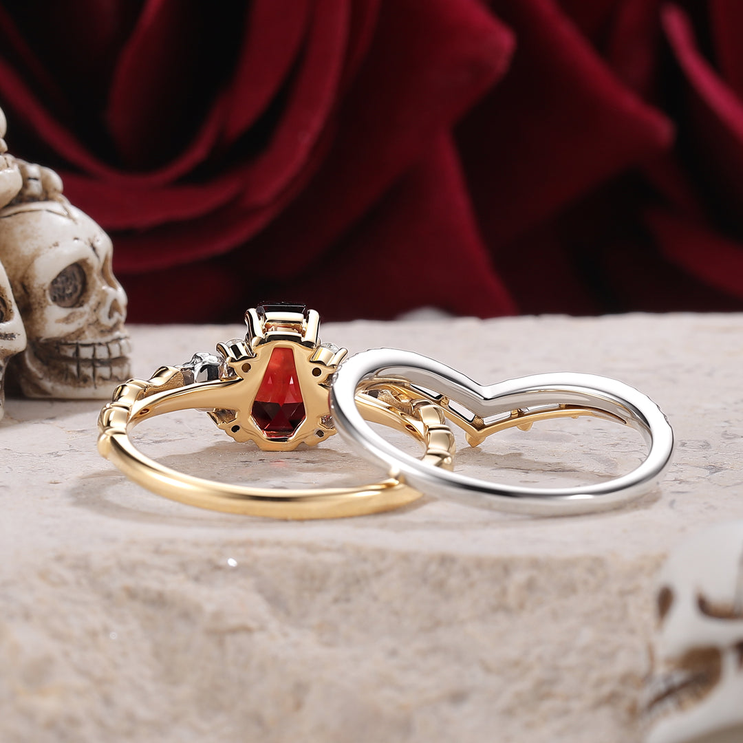 Skull & Skeleton Stud Coffin Cut Garnet Color-Coded Ring Set 2pcs
