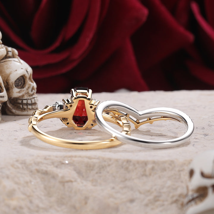 Skull & Skeleton Stud Coffin Cut Garnet Color-Coded Ring Set 2pcs