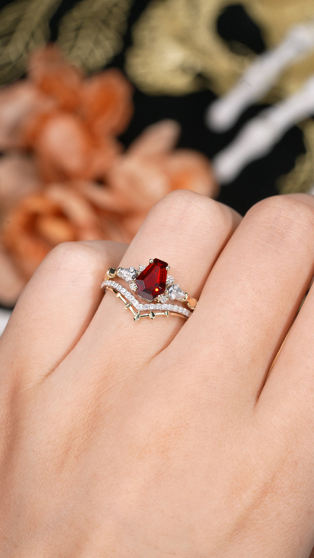 Skull & Skeleton Stud Coffin Cut Garnet Color-Coded Ring Set 2pcs