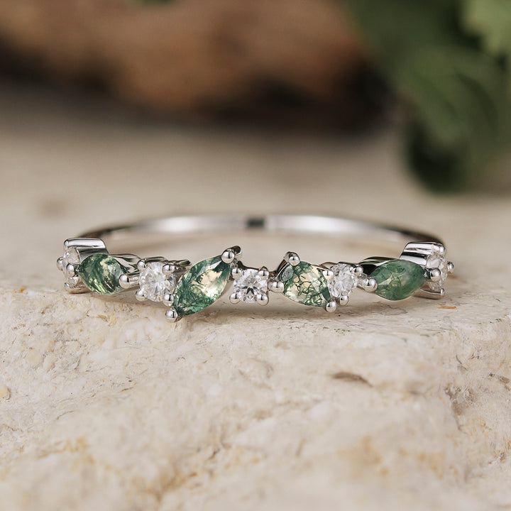 Straight Marquise Shaped Moss Agate Half Enternity Wedding Band