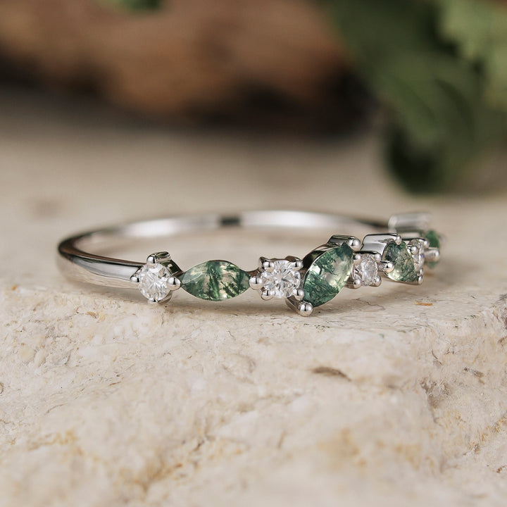 Straight Marquise Shaped Moss Agate Half Enternity Wedding Band