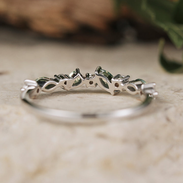 Straight Marquise Shaped Moss Agate Half Enternity Wedding Band