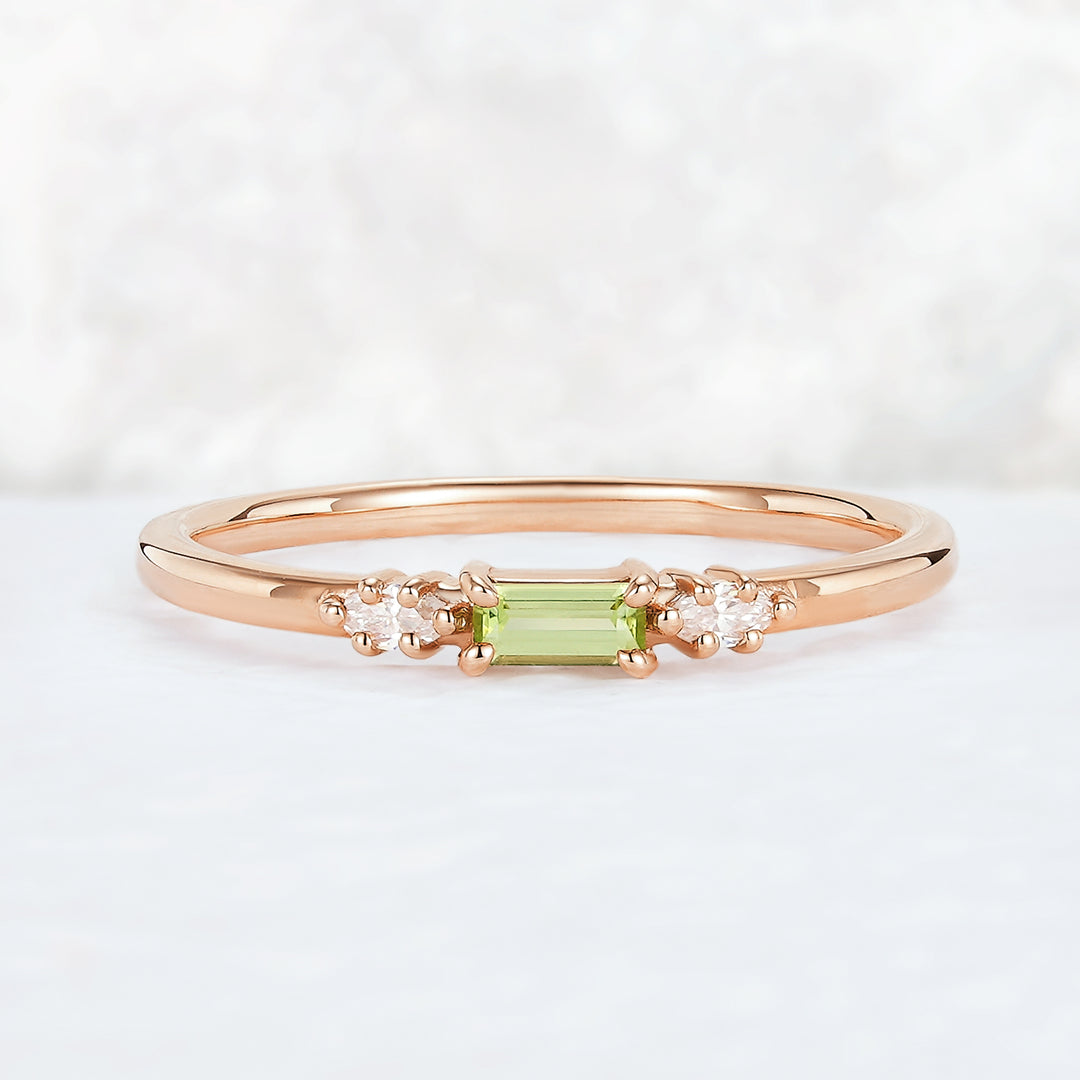 Straight Baguette Shaped Peridot Timeless Three Stones Stacking Ring