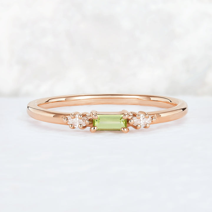 Straight Baguette Shaped Peridot Timeless Three Stones Stacking Ring