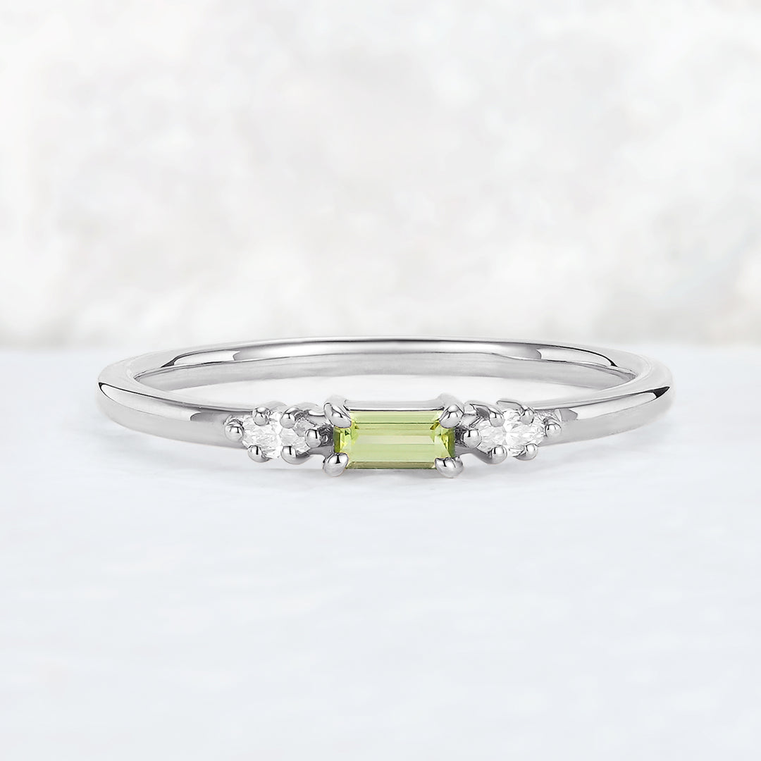 Straight Baguette Shaped Peridot Timeless Three Stones Stacking Ring