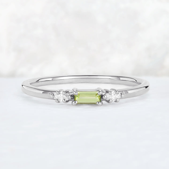 Straight Baguette Shaped Peridot Timeless Three Stones Stacking Ring