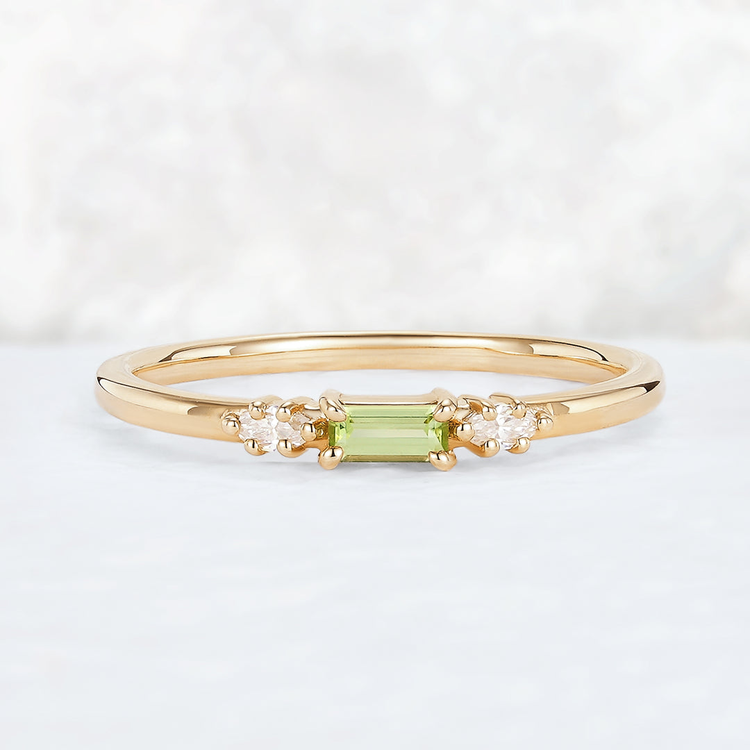 Straight Baguette Shaped Peridot Timeless Three Stones Stacking Ring