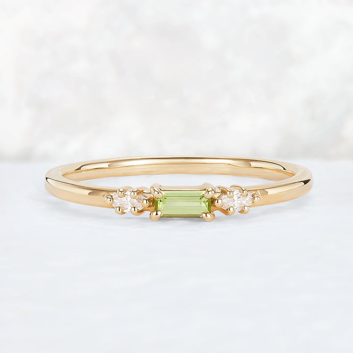 Straight Baguette Shaped Peridot Timeless Three Stones Stacking Ring