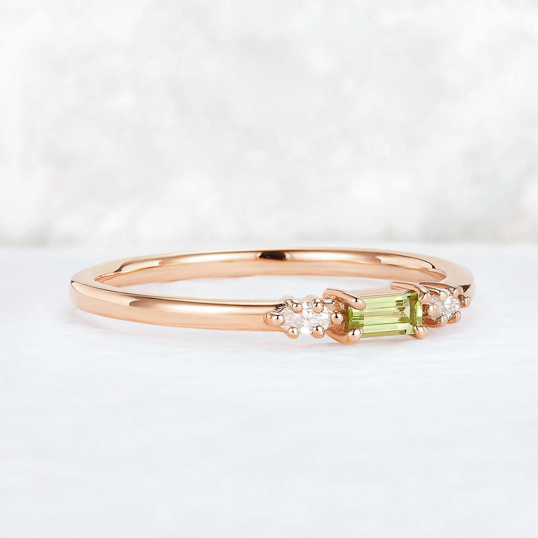 Straight Baguette Shaped Peridot Timeless Three Stones Stacking Ring