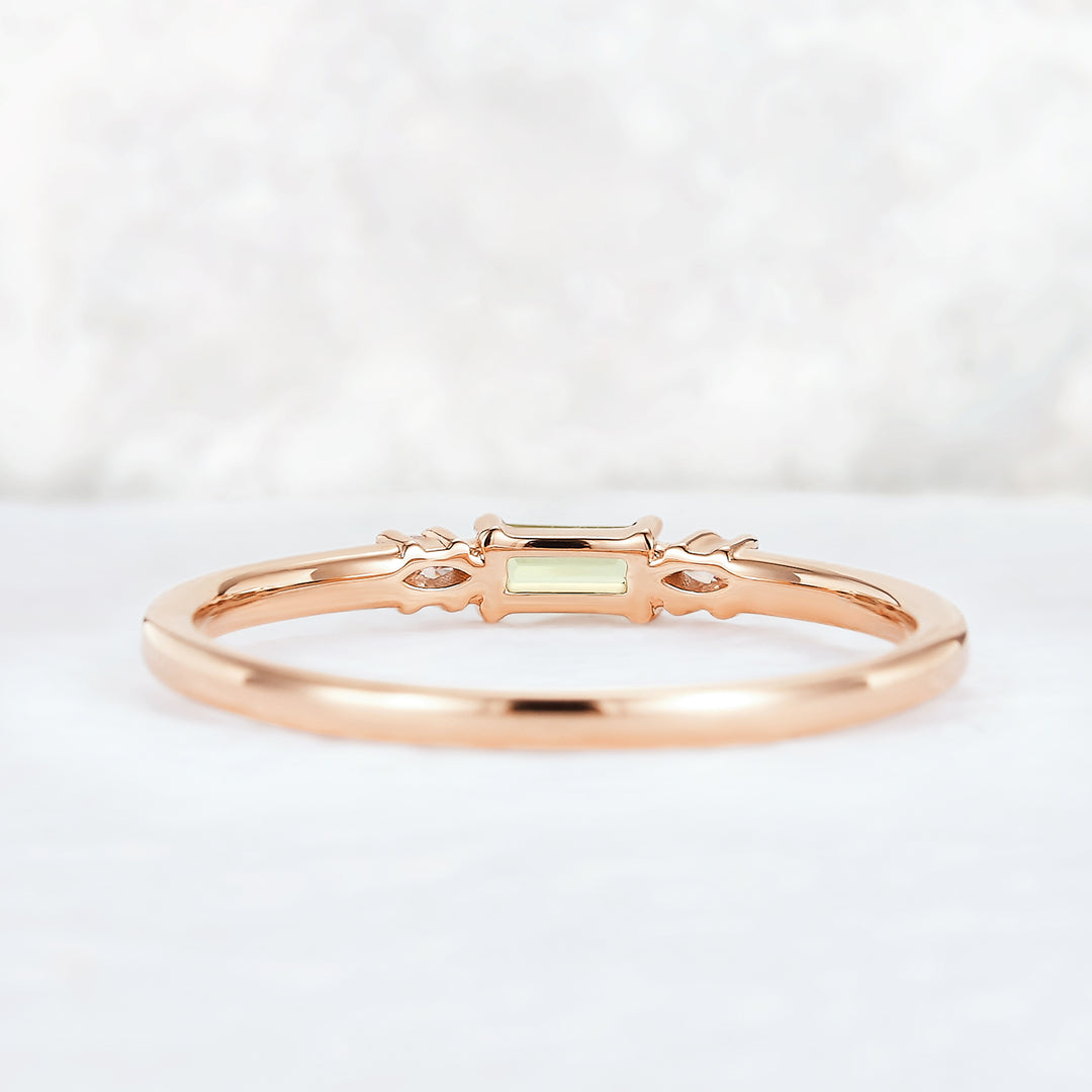 Straight Baguette Shaped Peridot Timeless Three Stones Stacking Ring
