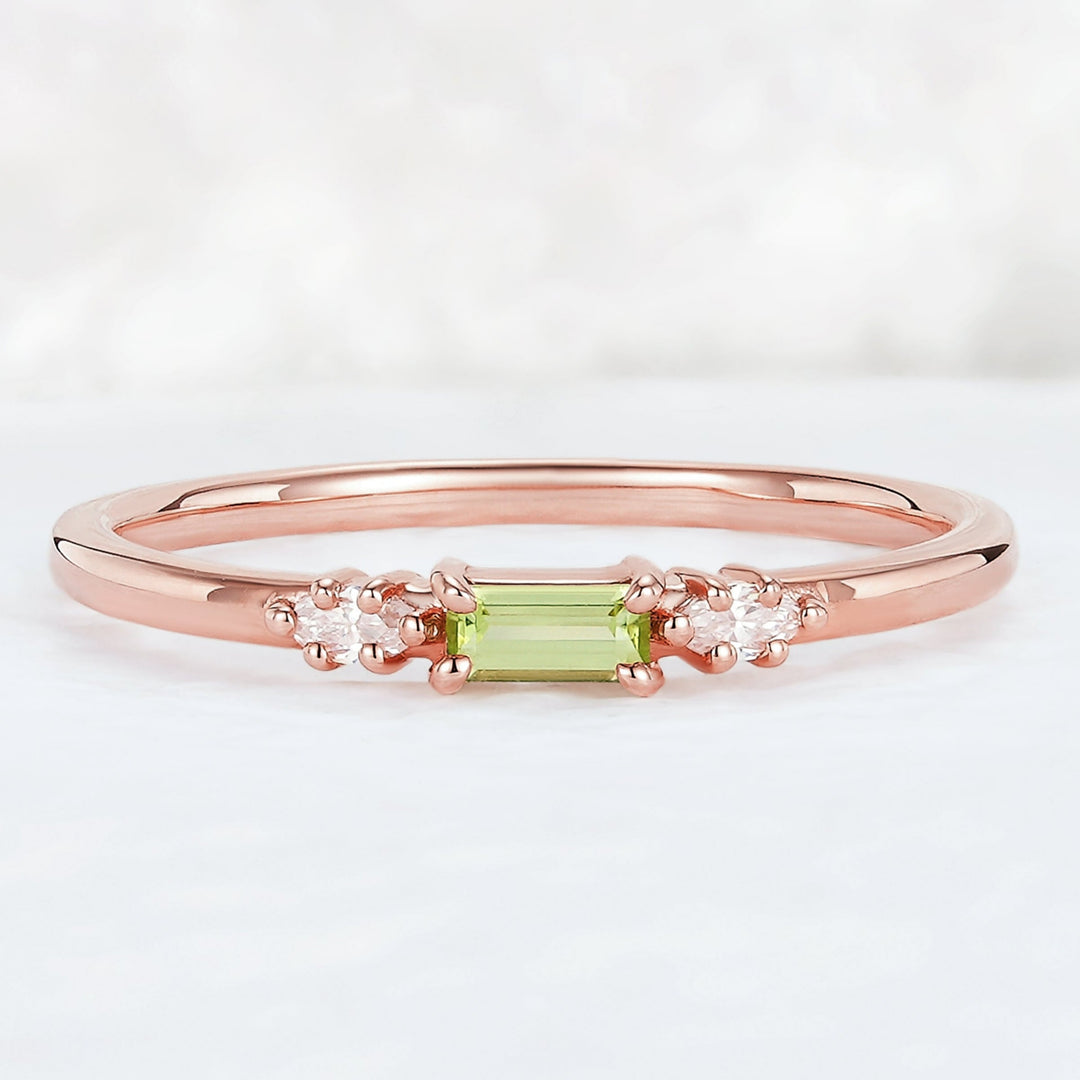 Straight Baguette Shaped Peridot Timeless Three Stones Wedding Band