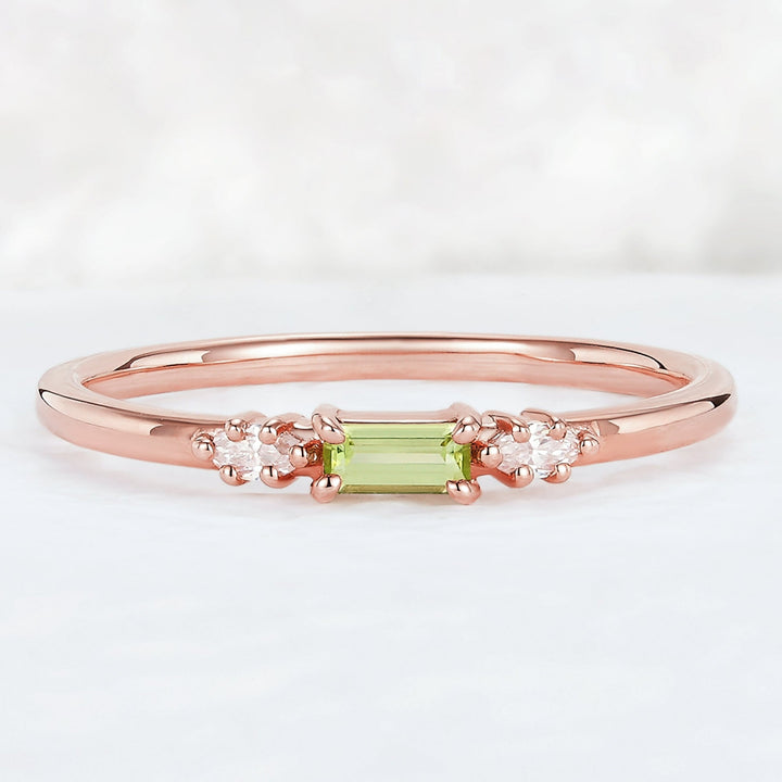 Straight Baguette Shaped Peridot Timeless Three Stones Wedding Band