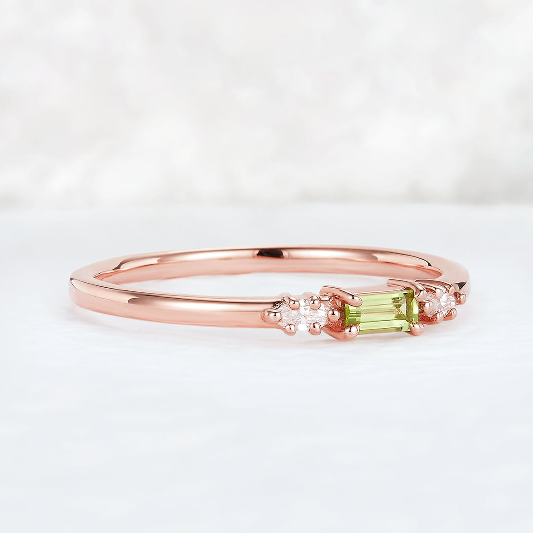 Straight Baguette Shaped Peridot Timeless Three Stones Wedding Band - Iver Jewelry