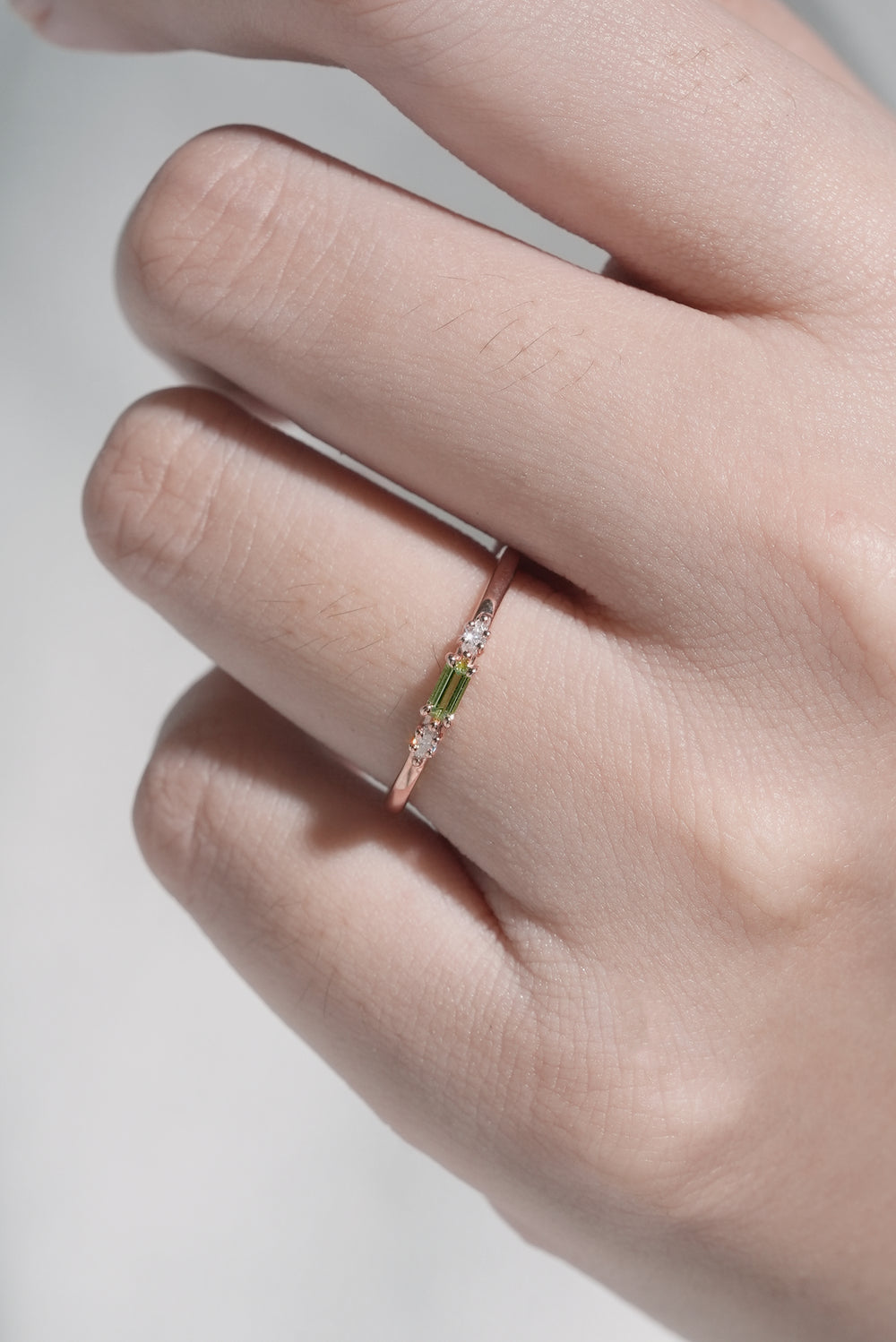 Straight Baguette Shaped Peridot Timeless Three Stones Wedding Band - Iver Jewelry
