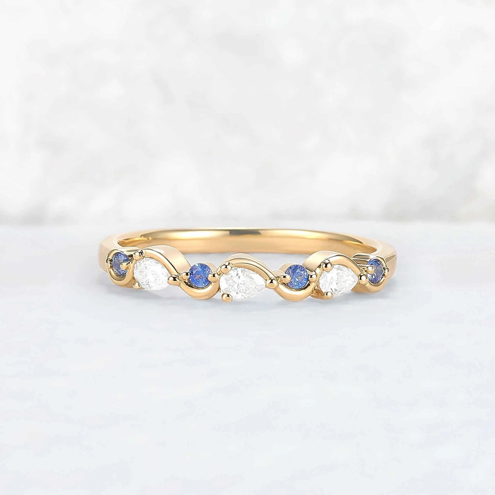 Straight Cornflower Sapphire and Moissanite Half Eternity Wedding Ring